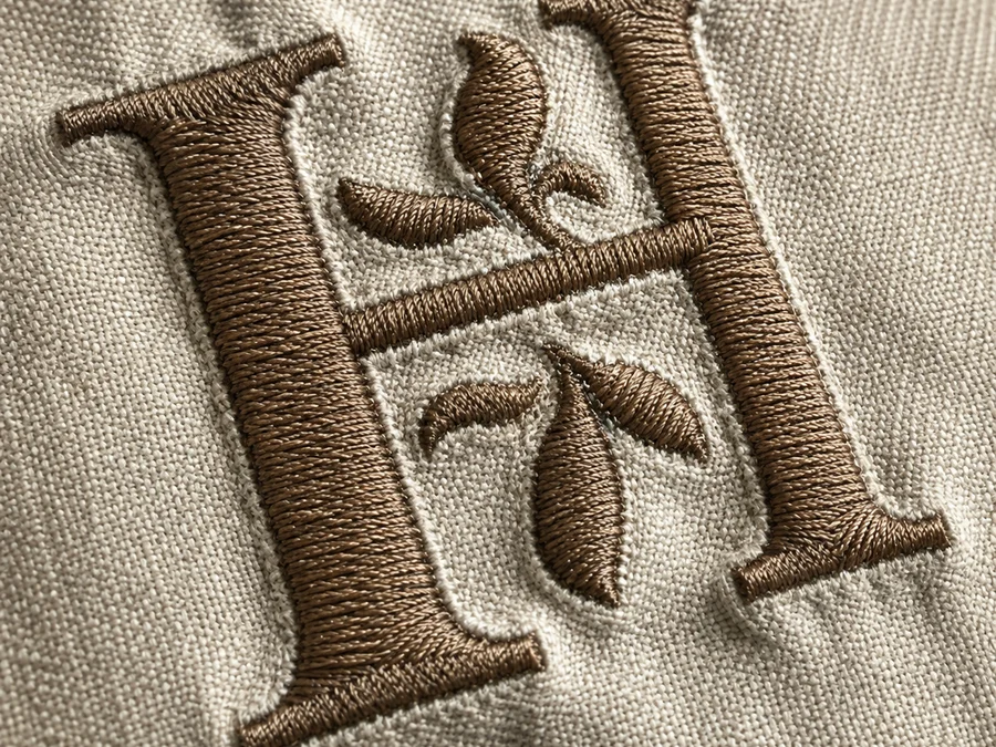 Raised satin-stitch embroidered monogram on heavy cotton canvas