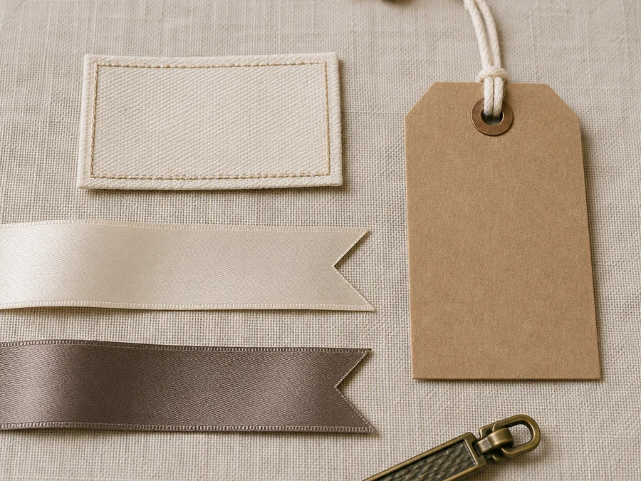 Woven brand label, kraft hang tag, satin ribbons and a custom zipper pull